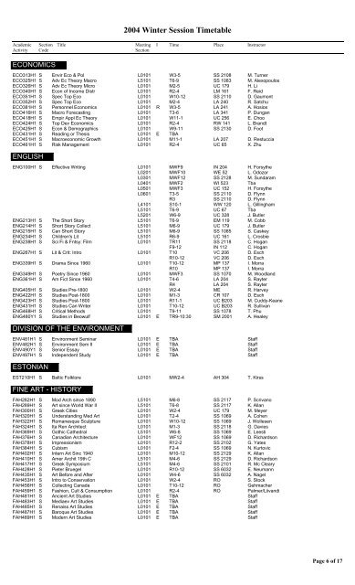 2004 Winter Session Timetable - the Faculty of Arts & Science