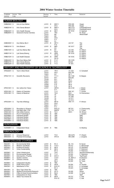 2004 Winter Session Timetable - the Faculty of Arts & Science