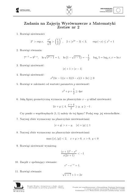 Zadania na ZajÄcia WyrÃ³wnawcze z Matematyki Zestaw nr 2