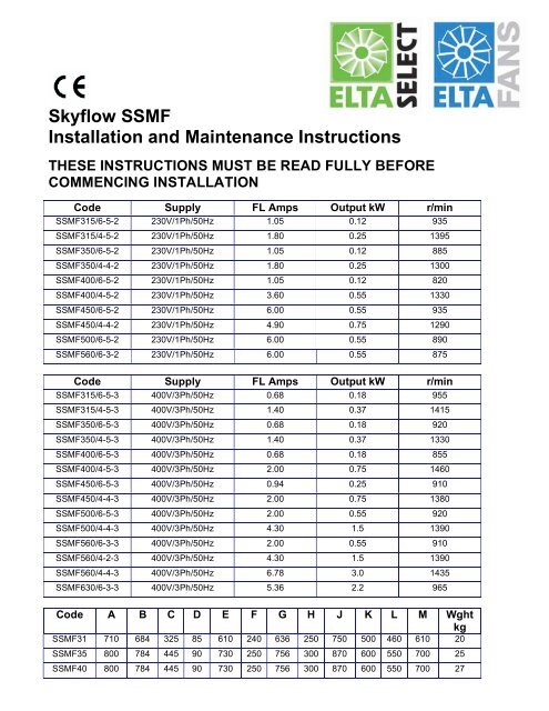 Skyflow SSMF Installation and Maintenance Instructions - Elta Fans