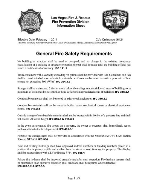 General Fire Safety Requirements City Of Las Vegas
