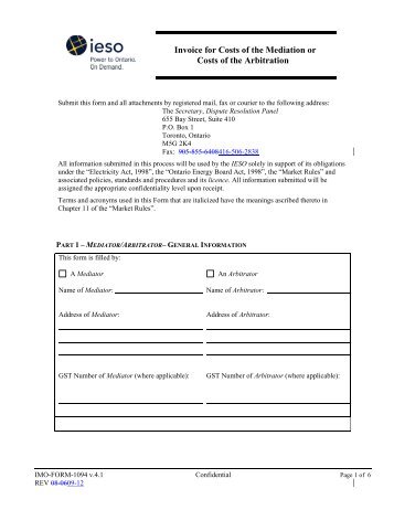 Invoice for Costs of the Mediation or Costs of the Arbitration