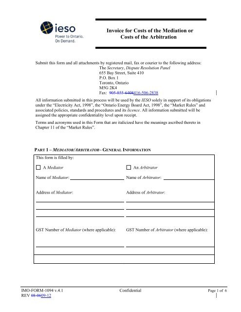 Invoice for Costs of the Mediation or Costs of the Arbitration