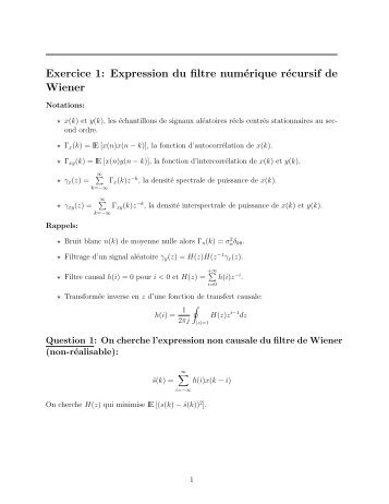 Exercice 1: Expression du filtre numÃ©rique rÃ©cursif de Wiener
