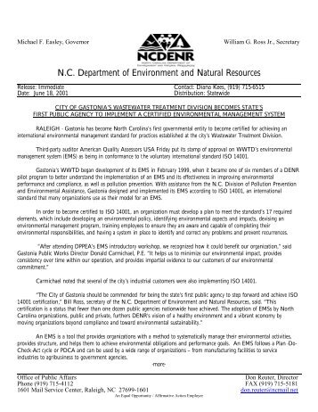 Gastonia WWTD Gets ISO 14001 certification - North Carolina ...