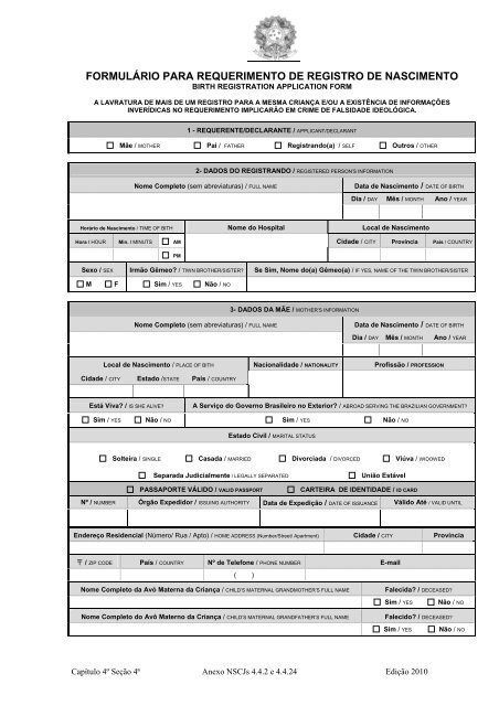 formulÃ¡rio para requerimento de registro de nascimento