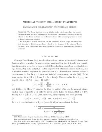 METRICAL THEORY FOR Î±-ROSEN FRACTIONS 1. Introduction ...