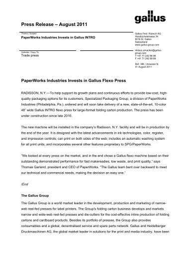 PaperWorks Industries Invests in Gallus Flexo Press
