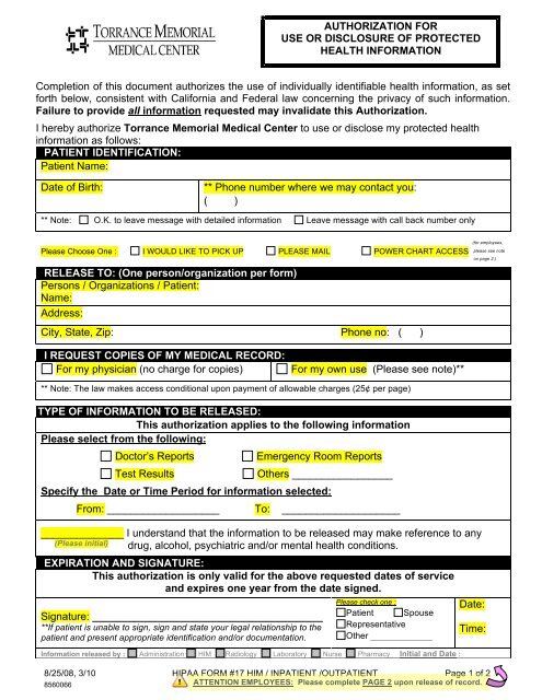 Hipaa Form 17 Torrance Memorial Medical Center