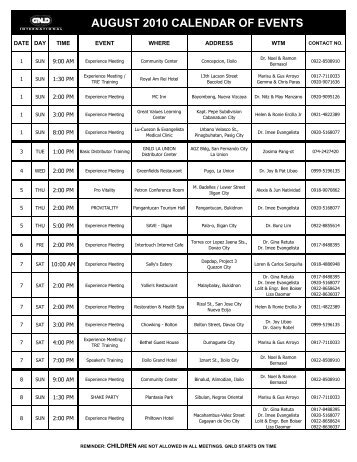 AUGUST 2010 CALENDAR OF EVENTS