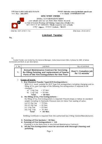 Limited Tender - The India Government Mint , Kolkata