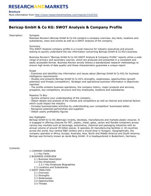 Bericap Gmbh Amp Co Kg Swot Analysis Amp Company Profile