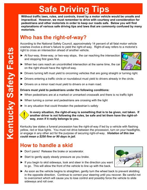 Safe Driving Tips Kentucky Safety Facts - Kentucky Transportation