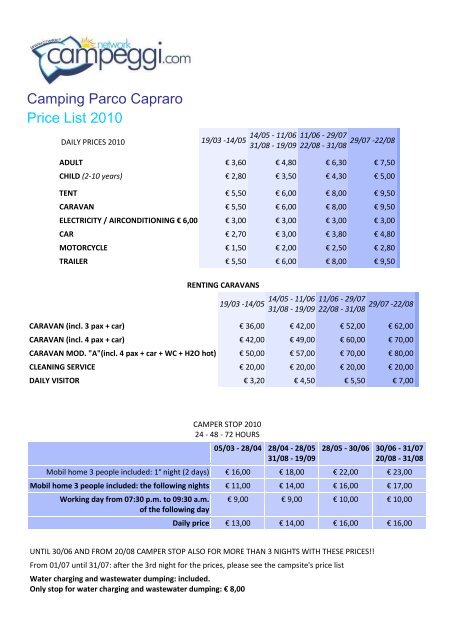 Camping Parco Capraro Price List 2010