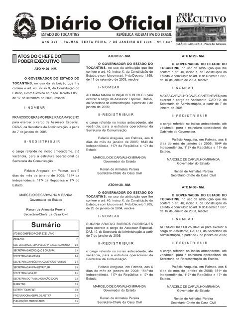 SumÃ¡rio - DiÃ¡rio Oficial - Governo do Estado do Tocantins