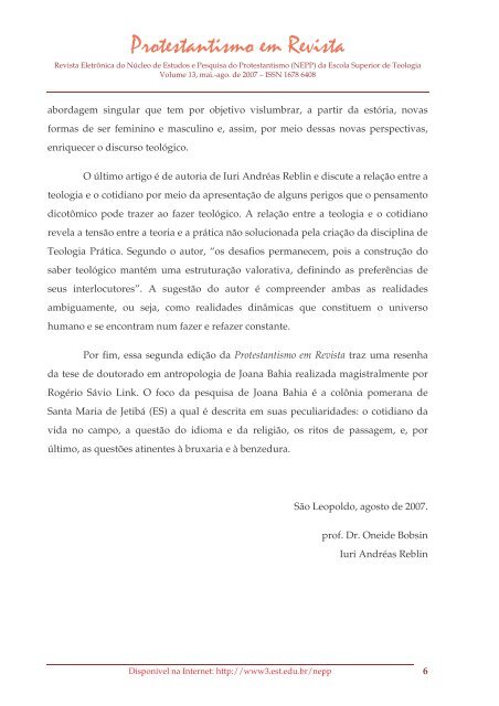 Protestantismo em Revista, volume 13 (Ano 06, n.2) - Faculdades EST