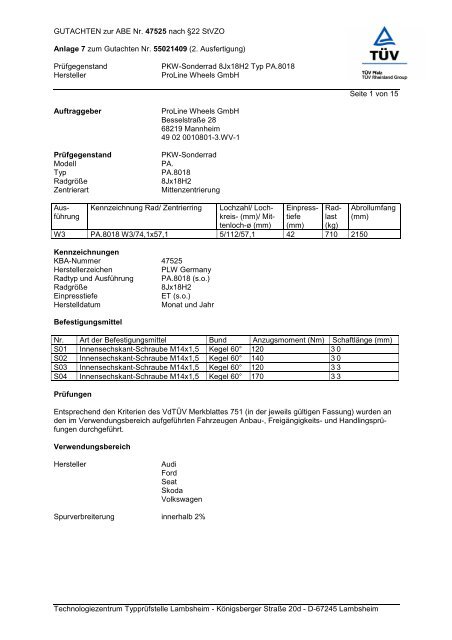 GUTACHTEN zur ABE Nr. 47525 nach Ã‚Â§22 StVZO Anlage 7 zum ...