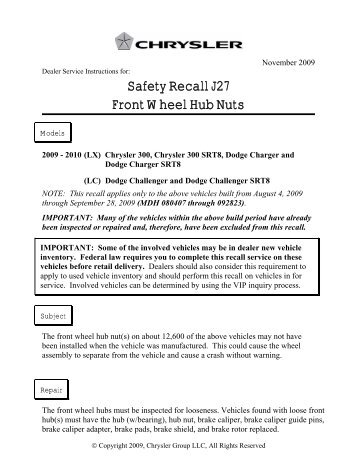 Safety Recall J27 Front Wheel Hub Nuts - Sequentialtaillights.com