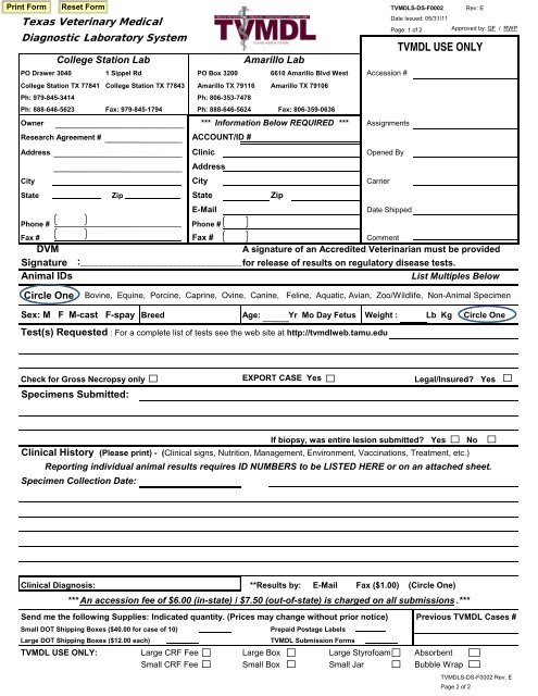 TVMDL submission form - Texas A&M Veterinary Medical Diagnostic ...