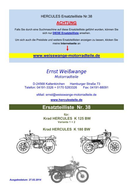 Ernst WeiÃwange Ersatzteilliste Nr. 38