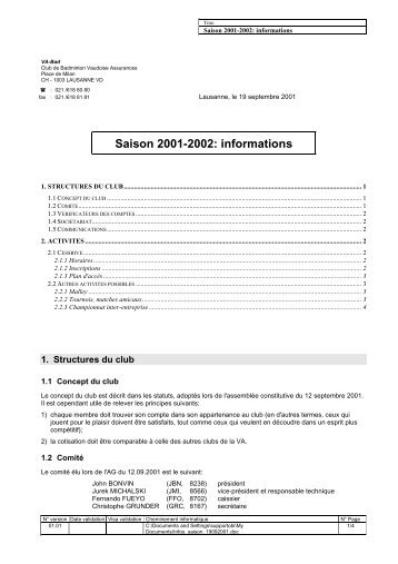Saison 2001-2002: informations - Vaudoise Assurances