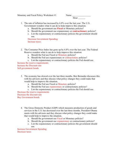 Monetary and Fiscal Policy Worksheet #1 - Moon Valley High School
