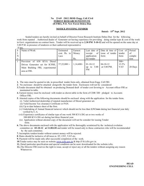 Tender Invited for 630 KVA Diesel Generator set by Director FRI ...