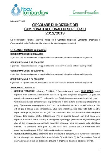 Indizione Campionati di serie C e D maschile e femminile 2012-2013