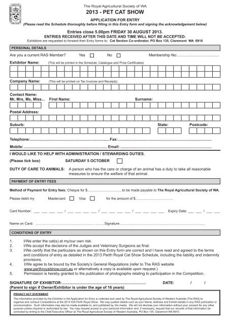 Download Pet Cat Show Entry Form - Perth Royal Show