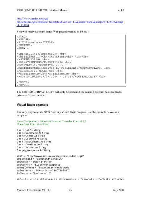 Sending SMS using the Application Programming Interface - MCTel