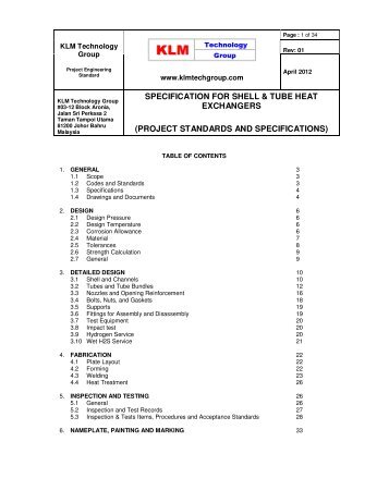 specification for shell & tube heat exchangers - KLM Technology ...