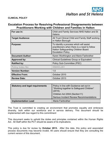 Safeguarding Children Escalation Policy - Halton and St Helens PCT