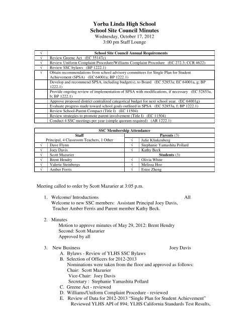 SSC Minutes 10-17-12.pdf - Yorba Linda High School