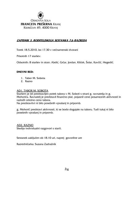 ZAPISNIK 3. RODITELJSKEGA SESTANKA 7.b RAZREDA