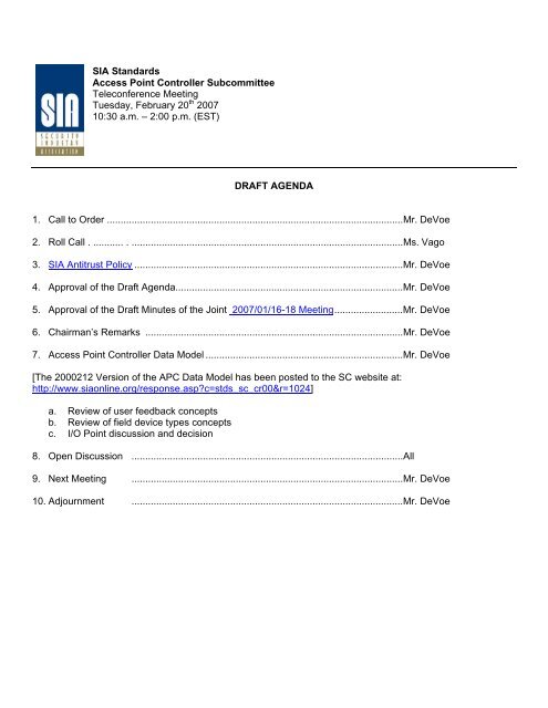 Draft Agenda SIA Standards Access Point Controller SC 2007 02 20 draft-agenda-sia-standards-access-point-controller-sc-2007-02-20