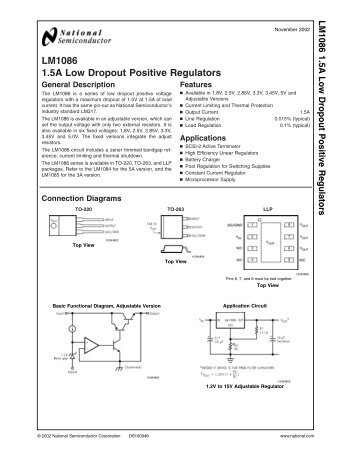 LM1086 1.5A Low Dropout Positive Regulators - Datasheet Catalog