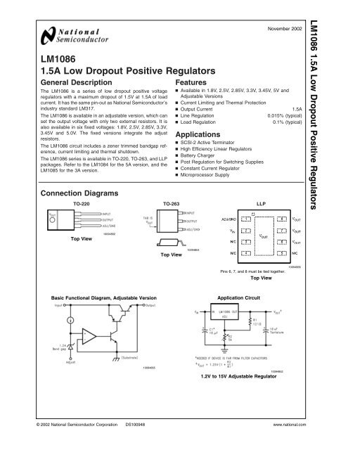 LM1086 1.5A Low Dropout Positive Regulators - Datasheet Catalog