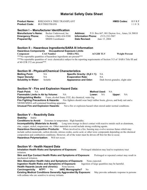 Rhizanova Tree Transplant MSDS - Becker Underwood
