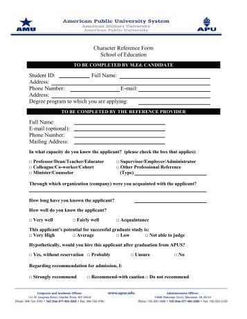 School Counseling Character Reference Form