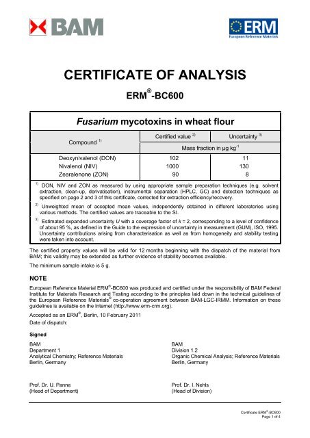 certificate of analysis erm BAM certificate of analysis erm BAM