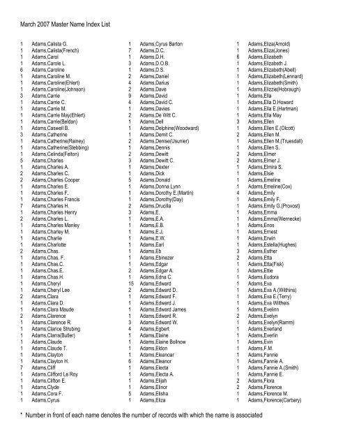 March 2007 Master Name Index List * Number in front of ... - RootsWeb