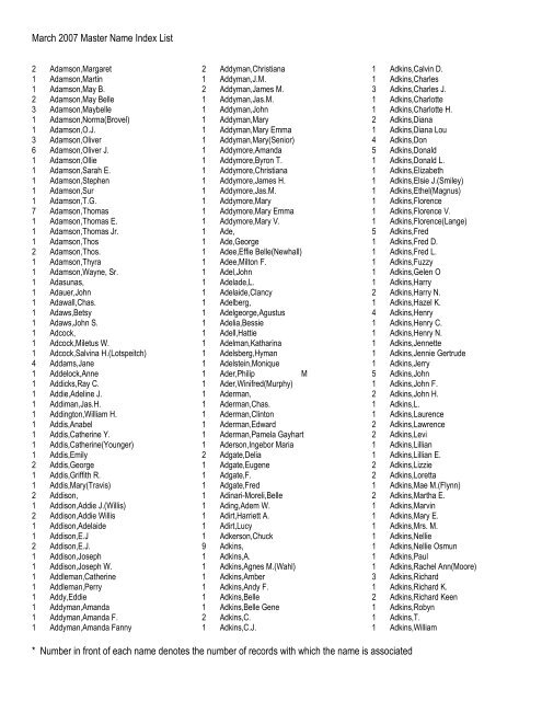 March 2007 Master Name Index List * Number in front of ... - RootsWeb