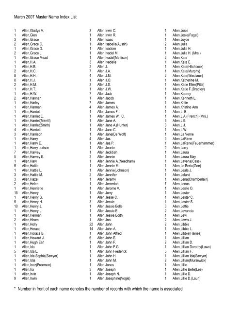 March 2007 Master Name Index List * Number in front of ... - RootsWeb