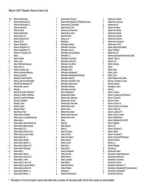 March 2007 Master Name Index List * Number in front of ... - RootsWeb