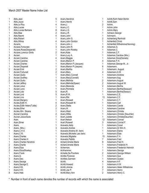 March 2007 Master Name Index List * Number in front of ... - RootsWeb