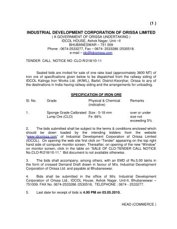 (1 ) industrial development corporation of orissa limited - Tender