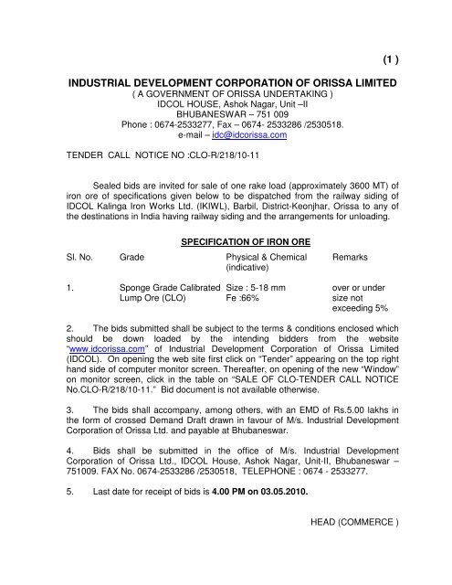 (1 ) industrial development corporation of orissa limited - Tender