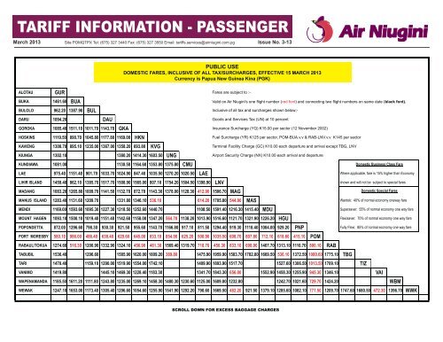 Domestic Fares Summary - Air Niugini