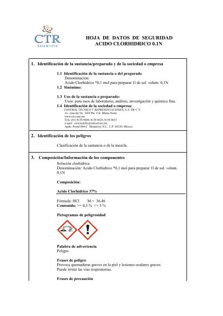 Acido ClorhÃ­drico 0.1N MSDS - CTR Scientific