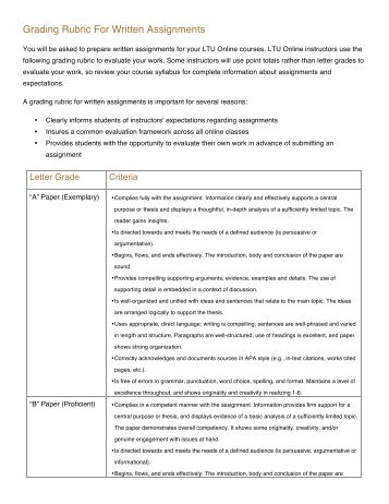 Grading Rubric For Written Assignments